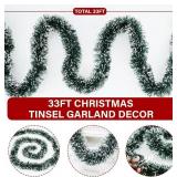 33FT Green Tinsel Christmas Garland Metallic Twist Shiny Garland for Christmas Tree Decorations, Xmas Holiday Hanging Garland for Home Indoor Outdoor Party Supplies Decor (Green, White)