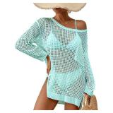 Bsubseach Crochet Cover Up for Swimwear Women Pool Swimsuit Coverup Long Sleeve Beach Knit Tops Cyan size medium