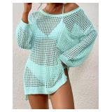 Bsubseach Crochet Cover Up for Swimwear Women Pool Swimsuit Coverup Long Sleeve Beach Knit Tops Cyan size medium