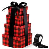 Clabby 4 pcs Christmas Nesting Boxes with Lids Square Xmas Stackable Gift Box, Assorted Sizes Decorative Nesting Boxes with Ribbon for Holiday Wedding Birthdays Present(Red and Black,Checkered)