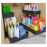 2 Pack Under Sink Organizer 2 Tier Sliding Cabinet Organizers Multi-Purpose Sink Storage Basket L-Shape Narrow Space Storage Shelves with 4 Hook for Kitchen Bathroom Drawer, Black