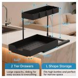 2 Pack Under Sink Organizer 2 Tier Sliding Cabinet Organizers Multi-Purpose Sink Storage Basket L-Shape Narrow Space Storage Shelves with 4 Hook for Kitchen Bathroom Drawer, Black