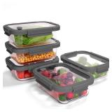 BOROHOUSE 5-Pack Borosilicate Glass Containers with Tempered Lids, 35.2oz/4.4 Cup Airtight Meal Prep Set, Microwave/Freezer Safe (Gray)