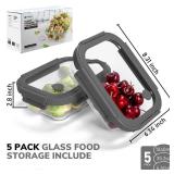 BOROHOUSE 5-Pack Borosilicate Glass Containers with Tempered Lids, 35.2oz/4.4 Cup Airtight Meal Prep Set, Microwave/Freezer Safe (Gray)