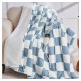 Heated Electric Blanketc Throw, 50X60 Heating Blanket with 10 Heat Levels & 8 Hours Auto Off for Lap, Misty Blue Checkered Plaid Soft Sherpa Blankets Warmer Gifts for Couch Grandma Women Adults