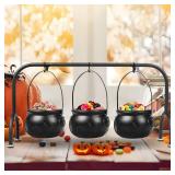Halloween Party Decorations Indoor,Set of 3 Witches Cauldron Candy Serving Bowls With Rack,Halloween Party Supplies,Black Plastic Candy Cauldron for Table Decor