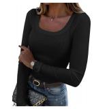 Zeagoo Square Neck Long Sleeve Top 2025 Fall Fashion Basic Tee Shirts Sexy Winter Blouse Clothes Black M