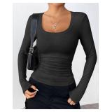 Zeagoo Square Neck Long Sleeve Top 2025 Fall Fashion Basic Tee Shirts Sexy Winter Blouse Clothes Black M