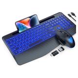 Wireless Keyboard and Mouse Backlits, Wrist Rest, LED Mouse, Rechargeable Ergonomic Keyboard with Phone Holder, Silent Light Up Combo for Computer, Mac, PC, Laptop, Chromebook (Black)