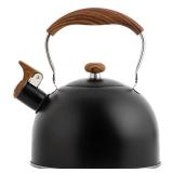 Whistling Tea Kettle 2.5L, Stainless Steel Kettle with Wood Pattern Folding Handle, for Tea Coffee (Black)