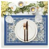 Giwawa 4PCs Chinoiserie Placemats Blue White Floral Birds Decorative Linen Table Mat 12"x18" Oriental Style Classic Flowers Heat Resistant Washable Place Mats for Kitchen Dining Party