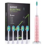 ZUAMEGU Sonic Electric Toothbrush for Adults - Deep Cleaning Teeth Whitening6 Replacement Brush Heads100-Day Battery5 Modes w/SensitiveIPX7 Waterproof - Pink