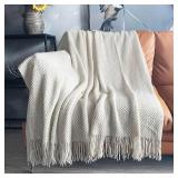 LOMAO Knitted Throw Blanket with Tassels Bubble Textured Lightweight Throws for Couch Cover Home Decor (Cream, 50x60)