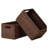 UBBCARE 2 Pack Wicker Basket, 13.4L x 8.3H x 7.1W inch Woven Paper Rope Storage Baskets for shelves, Foldable Rectangular Storage Baskets with Handle, Storage Basket for Organizing, Dark Brown