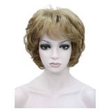 Wiginway Short Curly Wavy Synthetic Hairpiece Wigs with Bangs for Women Girls Light Strawberry Blonde