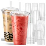 Ginkgo 32 oz Clear Plastic Cups with Lids and Jumbo Straws, Disposable To Go Iced Coffee Cups for Smoothie, Boba Milk Tea - 50 Pack