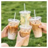 Ginkgo 32 oz Clear Plastic Cups with Lids and Jumbo Straws, Disposable To Go Iced Coffee Cups for Smoothie, Boba Milk Tea - 50 Pack