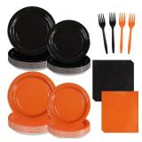 Grencian 96Pcs Orange and Black Party Decorations Orange and Black Plates and Napkins Disposable Paper Tableware Set for Birthday Wedding Baby Shower Fall Harvest Halloween Party Supplies, Serves 24
