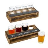 MyGift Rustic Dark Brown Burnt Solid Wood Sampler Tray Beer Flight Holder Serving Set with 4 Glasses and Erasable Chalkboard Label, Set of 2