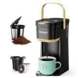 Tastyle Single Serve One Cup Coffee Maker, for K Cups and Grounds, Mini Coffee Maker with Portable Handle, 6 to 12 Oz Brew Size, for Travel, Camping, Office, RV and Dorm, 120V, Black and Gold