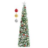 SINTENILL 5 FT Pop Up Christmas Tree with Timer Lights and Decorations, Green Tinsel Artificial Christmas Tree with 24 Balls Ornaments, Collapsible Pencil Tree for Xmas Home Office Party Decor