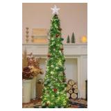 SINTENILL 5 FT Pop Up Christmas Tree with Timer Lights and Decorations, Green Tinsel Artificial Christmas Tree with 24 Balls Ornaments, Collapsible Pencil Tree for Xmas Home Office Party Decor