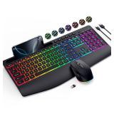 Wireless Keyboard and Mouse Combo- VEILZOR 2.4G Rechargeable Keyboard with Phone Holder, Ergonomic Wrist Rest, 9 RGB Backlit Effects, Silent Keyboard Mouse Set for Windows, Laptop, PC