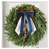 Christmas Decorations - 22 Inch Norfolk Pine Christmas Wreath with Bells and Ribbon - Artificial Pine Greenery Winter Wreath for Home Table Wall Window Porch Door Indoor Outdoor Decor