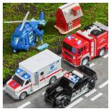 JOYIN 4 Packs Emergency Vehicle Toy Playsets, Friction Powered Vehicles with Light and Sound, Including Fire Truck, Ambulance, Play Police Car and Helicopter, Christmas Toddler Kids Boys Gifts