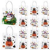 Motipuns 18 Pcs Halloween Clear Plastic Gift Bags with Handles, Small Treat Reusable PVC Pumpkin Party Favor Bags Bulk, Black Orange Tote Bag for Halloween Trick or Treat, 7.87 x 7.87 Inch