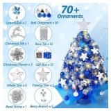 2FT Mini Christmas Tree, Blue Tabletop Christmas Tree, Prelit Small Christmas Trees with 60 LED Lights, 100 Lifelike Branches, 73 Ornaments, Artificial Xmas Tree for Home Indoor Decor