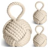 Tenceur 3 Pcs 3 Lbs Decorative Door Stop Rope Knot with Handle 6 Inch Nautical Fabric Door Stopper Twisted Knot Cotton Weighted Interior Doorstop for Door Window Bookend Dog Toys, Ivory