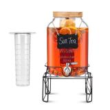 2 Gallon Drink Dispensers with Stand, Glass Beverage Dispenser with Stainless Steel Spigot and Bamboo Lid,Lemonade Dispenser,Glass Drink Dispensers for Parties, Weddings