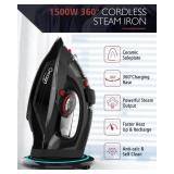 OMAIGA Cordless Iron for Clothes, 1500W Steam Iron with Non-Stick Ceramic Soleplate, Auto Shut Off, Self-Clean, Burst of Steam, Anti-calc, 3 Temperature Settings, 11.84oz Water Tank, Black