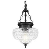OIYIO Vintage Pendant Light - Matte Black Pendant Lights Kitchen Island with Floral Glass, Hanging Lighting Fixtures with Adjustable Hanging Chain for Kitchen, Island, Dining Room, Entryway
