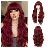 Angzon Burgundy Wig With Bangs Long Wavy Wine Red Wigs for Women 26 Inch Curly Wavy Wig With Bangs Natural Looking Synthetic Heat Resistant Fiber Wig for Daily Party Use