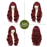 Angzon Burgundy Wig With Bangs Long Wavy Wine Red Wigs for Women 26 Inch Curly Wavy Wig With Bangs Natural Looking Synthetic Heat Resistant Fiber Wig for Daily Party Use