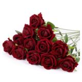 Solivya 12 Pcs Artificial Rose Flowers, Dark Red Silk Roses with Long Stems, Realistic Fake Roses for Wedding Centerpiece Party Home and Office DIY Decor