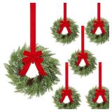 6 Pcs Small Christmas Norfolk Wreaths 15 Inch Christmas Kitchen Cabinet Mini Wreath Real Touch with Bow Ribbon Cedar Red Berry for Xmas Front Door Window Chair Fireplace Table Pillar Farmhouse Decor