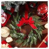 6 Pcs Small Christmas Norfolk Wreaths 15 Inch Christmas Kitchen Cabinet Mini Wreath Real Touch with Bow Ribbon Cedar Red Berry for Xmas Front Door Window Chair Fireplace Table Pillar Farmhouse Decor