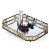 Vintage Gold Mirrored Vanity Tray - Decorative Perfume and Makeup Organizer with Handles for Dresser, Bathroom or Jewelry Display, Large Size 13.8" X 9.6" X2.2"
