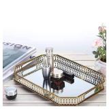 Vintage Gold Mirrored Vanity Tray - Decorative Perfume and Makeup Organizer with Handles for Dresser, Bathroom or Jewelry Display, Large Size 13.8" X 9.6" X2.2"