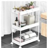 3 Tier Rolling Cart with Wheels, Storage Craft Art Trolley Organizer Serving, 3 Hanging Baskets Easy Assembly, for Office, Bathroom, Living Room, Kitchen, White