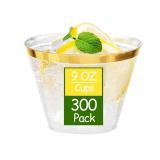 300PCS Gold Plastic Cups - 9Oz Heavy Duty Plastic Cups - Gold Rimmed Disposable Cup - Disposable Clear Wine Cup with Gold Rim for Party & Wedding