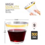 300PCS Gold Plastic Cups - 9Oz Heavy Duty Plastic Cups - Gold Rimmed Disposable Cup - Disposable Clear Wine Cup with Gold Rim for Party & Wedding