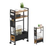 Oppro Narrow Side Tables with Drawer for Small Spaces, Small End Table Slim Nightstand with Wheels, Space Saving Skinny Thin Bedside Sofa Coffee Desk with Storage Bag for Bedroom Living Room Couch