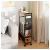 Oppro Narrow Side Tables with Drawer for Small Spaces, Small End Table Slim Nightstand with Wheels, Space Saving Skinny Thin Bedside Sofa Coffee Desk with Storage Bag for Bedroom Living Room Couch