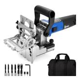 igooo Dual-Spindle Doweling Jointer DJ710, 710W 120V 60Hz, Wood Plate Dowel Joiner, 2X10mm, 2X8mm and 2X6mm Drilling Bits, 90 Dowels