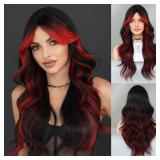 TRUMOST Black Red Highlight Long Wavy Wig with Curtain Bang 26 Inch Red Black Ombre Synthetic Heat Resistant with Dark Root Wig for Women Daily Party used.