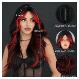 TRUMOST Black Red Highlight Long Wavy Wig with Curtain Bang 26 Inch Red Black Ombre Synthetic Heat Resistant with Dark Root Wig for Women Daily Party used.